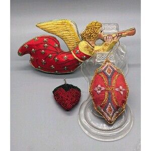 Lot  3 Ornaments 2 Silvestri Stuffed Gold Embroidery Angel Medallion, Strawberry